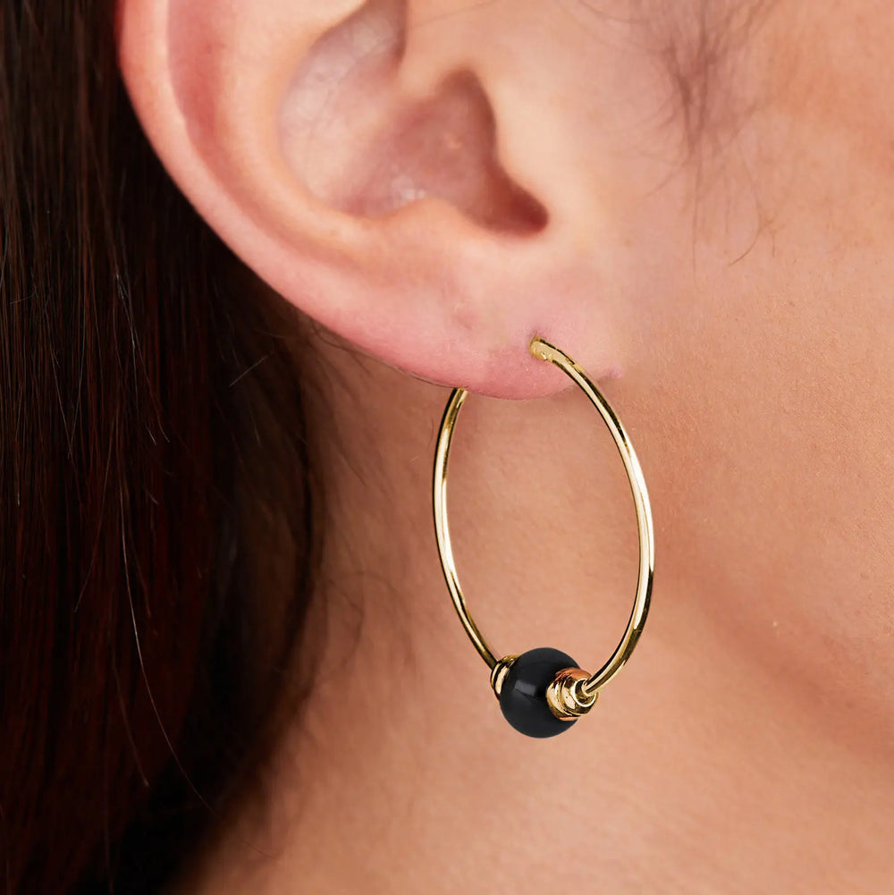 Pérola Collection - Black Onyx Large Hoop Gold Earrings John Medeiros Jewelry Collections