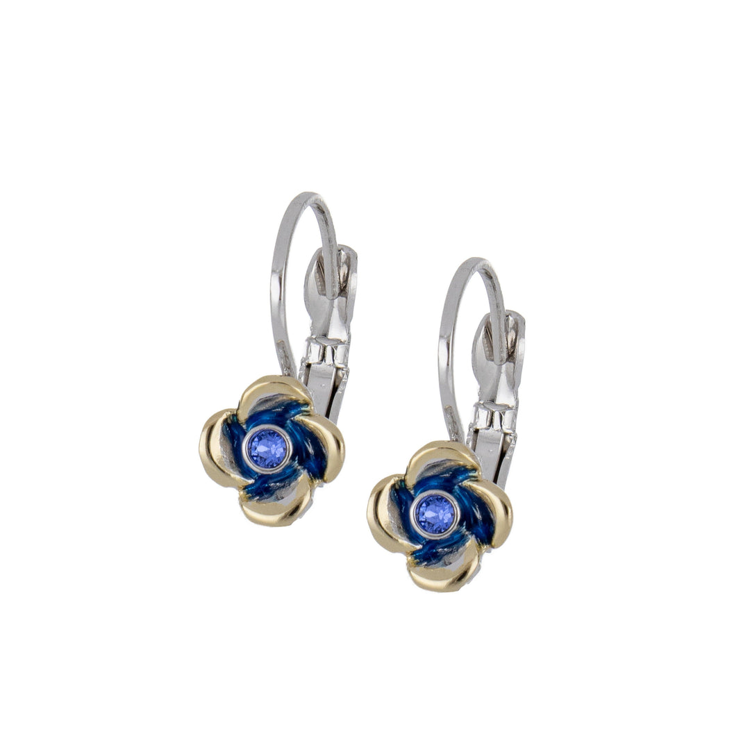 a pair of two toned hydrangea earrings. they are a french wire back, with a sapphire stone and blue coloring in the center.