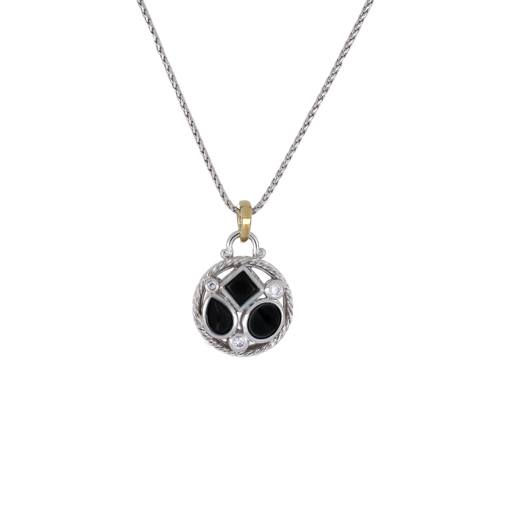 Blue Opal/Black Onyx Adjustable 3 Stone & Cubic Zirconia Two-Tone Round Pendant Necklace John Medeiros Jewelry Collections